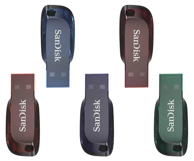 Produktbild von SanDisk Cruzer Blade USB-Flash-Laufwerk 32 GB 5er-Pack (wichtige persönliche Dateien, Musik und Videos sichern, Kennwortschutz, USB 2.0, Schlüsselanhängerfunktion) Lila/Rot/Blau/Grün/Orange – Größe 32
