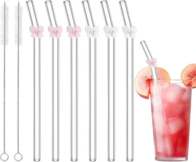 Image de Paille réutilisable en verre - Lot de 6 - Jolie paille en verre avec un nœud