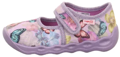Produktbild von Superfit BUBBLE Hausschuh Kaltfutter Lila mit Schmetterlings- und Blumenprint und Klettverschluss