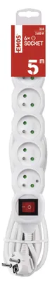 Prodlužovací kabel 5 m / 6 zásuvek / s vypínačem / bílý / PVC / 1,5 mm2