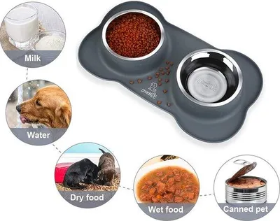Image de Gamelles pour chiens antidérapantes en acier inoxydable, double gamelle avec tapis anti-fuites pour chiens de taille moyenne