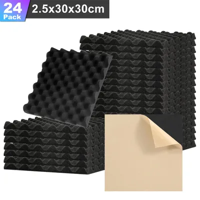 Obrázek produktu pro Vigevee, 24 kusů akustických panelů z pěny, rozměry 30 x 30 x 2,5 cm, zvukotěsné panely pro efektivní odhlučnění, pěnové desky s vlnitým profilem, barva černá
