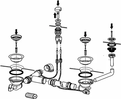 An exploded diagram showing the assembly of a kitchen sink drain and faucet system.