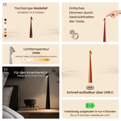 Zdjęcie produktu dla Luxus Europe - Lampa stołowa dotykowa "e" czarna - Bezprzewodowa lampka stołowa LED do użytku w pomieszczeniach – ładowana przez USB-C