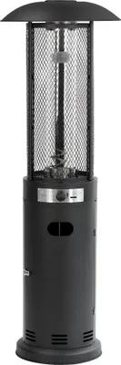 A black gas patio heater standing upright on a white background.