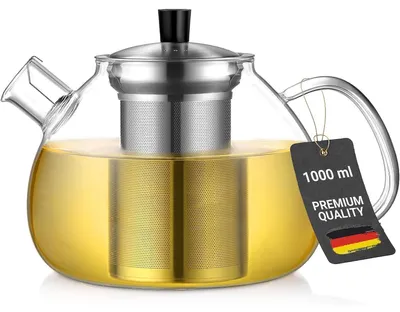 Productafbeelding van Theekann 1000 ml, gemaakt van borosilicaatglas met een roestvrijstalen zeef. Hittebestendig, zilverkleurig