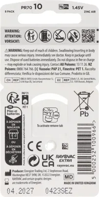 The image shows the back of a blister pack of hearing aid batteries.