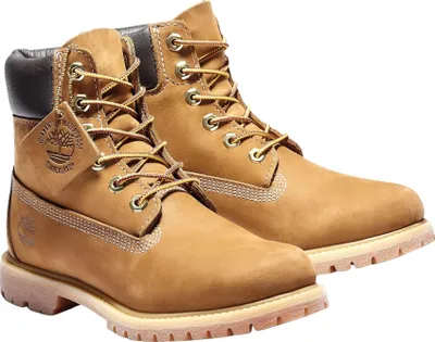 A pair of tan Timberland boots.