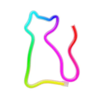 A neon LED light shaped like a cat, with a rainbow color gradient.