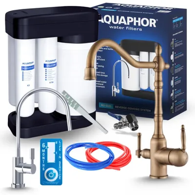Produktbild von Aquaphor Morion Ro100S Umkehrosmoseanlage Mit Ari Retro 2 3-Wege-Küchenarmatur Antik Messing, 5 L Tank, 375 L/Tag Trinkwasserfilter