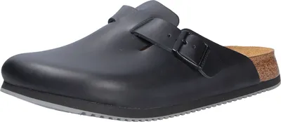 A black Birkenstock Boston SL Pantolette shoe is shown from the side against a white background.