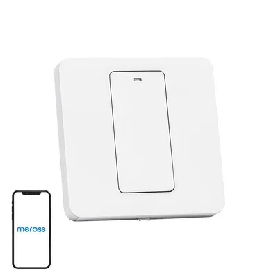 A white smart wall switch and a smartphone displaying the Meross app.