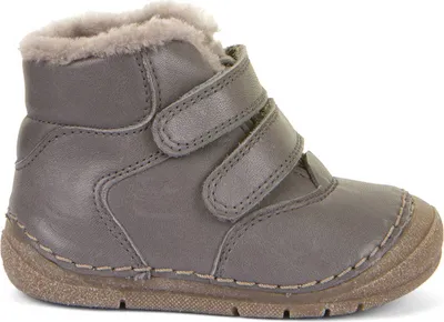 A single gray boot with fur lining and two velcro straps, shown from the side against a white background.