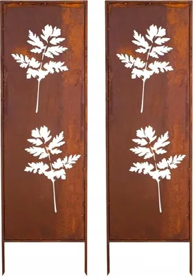 Two decorative metal panels with a leaf pattern, designed for garden use.