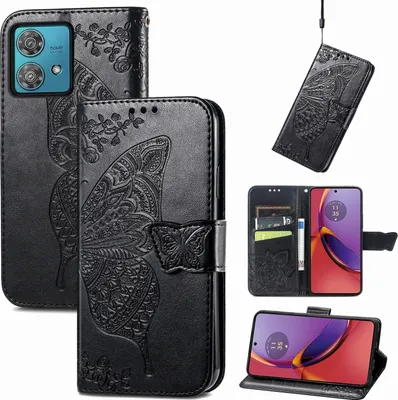 Image de Étui de protection en similicuir pour Motorola Moto G84 5G, motif papillon, noir