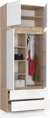 Produktbild von BDW Kleiderschrank mit 4 Türen, 4 Einlegeböden, Kleiderbügel, Eiche Sonoma / Weiß