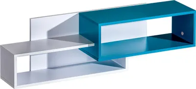 A modern, modular wall shelf unit with white and turquoise sections, presented against a white background.