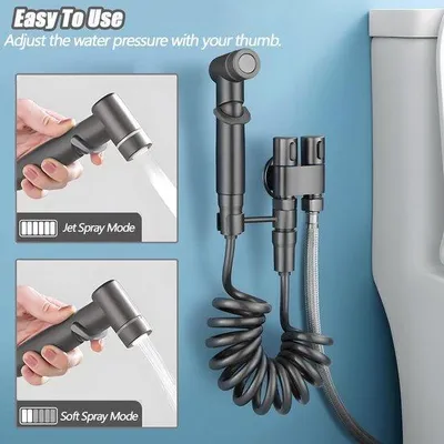 Image de Douche bidet portable (noire) - Double valve + mini-kit - Accessoire pour douchette à main - Utilisation à la maison et en voyage