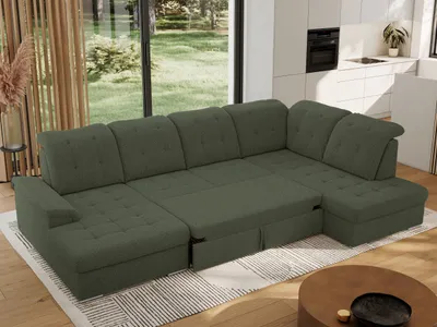Produktbild von MKS MEBLE Ecksofa Wohnlandschaft U-Form, Sofa mit Schlaffunktion, Schlafsofa mit bettkasten, Couch mit Schlaffunktion - Grün Boucle - Madrito U - rechts