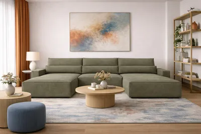 Produktbild von MOEBLO Wohnlandschaft DENVER U – Eckcouch aus Cordstoff Ecksofa U-Form Cord Sofa Couch Polsterecke U-Sofa mit Bettkasten und Schlaffunktion (BxHxT): 410x85x200 cmDenver U - Poso 46 Oliv