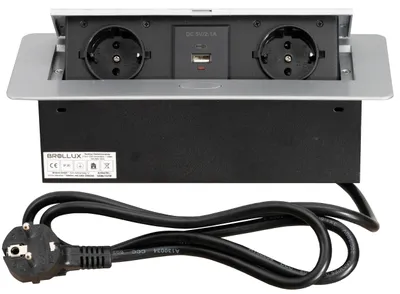 Produktbild von Brollux Einbausteckdose versenkbar 2fach mit USB/USBC Silber mit Softöffnung Aluminium Spritzguss 1,5m Anschlusskabel Steckdose