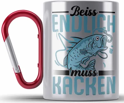 Produktbild von Trendation - Angler Fischer Edelstahl Tasse Karabiner Geschenk Raubfische Hobbyangler Hecht Forelle Barsch Angeln Karabiner Edelstahl Tasse Karabiner Edelstahl Zubehör Beiss Endlich Muss Kaken (Rot)