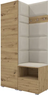 A corner wardrobe set with a tall cabinet and a bench with coat hooks above.