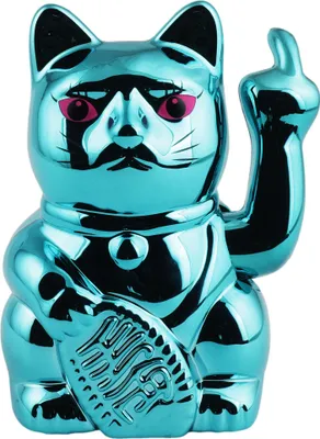 Produktbild von Glückskatze Angry Cat Maneki-neko Stinkefinger Mittelfinger metallic blau Solar 10cm Winkekatze Lucky cat