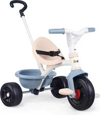 Immagine prodotto di Triciclo Smoby Be Fun blu, telaio in acciaio, cintura di sicurezza, barra di spinta regolabile per i genitori, ruota libera
