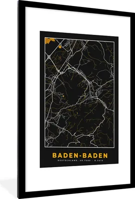 Produktbild von MuchoWow® Gerahmtes Poster Stadtplan - Karte - Baden Baden - Gold - Deutschland - Karte 60x90 cm - Poster mit Schwarzem Bilderrahmen Wandposter Rahmen Foto Bilder - Dekoration - Wandposter Wohnzimmer - Hochwertig