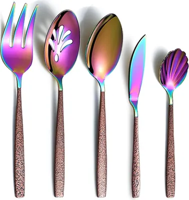 Produktbild von Besteckset aus Edelstahl 5 Stück Brauner Griff Regenbogenkopf