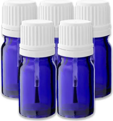 Produktbild von 5x Blaue Glasflasche 5 ml mit weißem Pinsel leere Kosmetikflasche Set