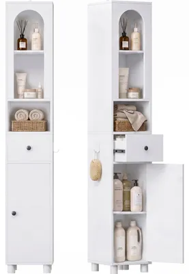 Schmaler Hochschrank 30x30x171 cm mit Schublade und Türen, Weiß