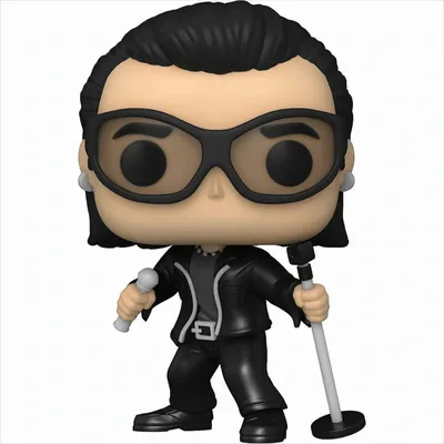 A Funko Pop! vinyl figure of Bono from U2's Zoo TV era, holding a microphone and standing next to a microphone stand.