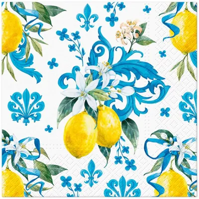 Image de 20 serviettes Sicilian Floral Whimsy - Citrons sur ornements bleus 33 x 33 cm