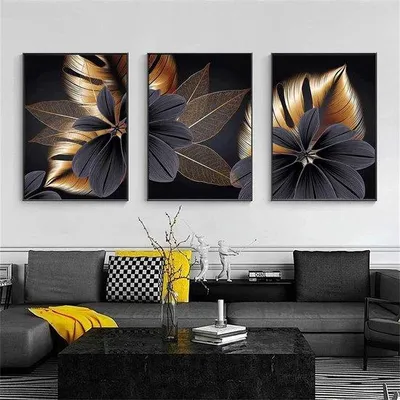 Produktbild von Schwarze und Goldene Pflanzenblätter Canvas Gemälde Poster Set - Set von 3 - Hintergrund Wandkunst - Wandmalerei Druck Foto - Wohnzimmer Dekoration Kunst - Wanddekoration