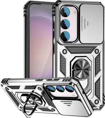Produktbild von Galaxy S23 FE Hülle mit Schiebe Kamera Schutz und Ringhalter Ständer Schutzhülle für Samsung Galaxy S23 FE Silber