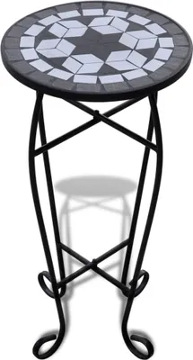 A black metal plant stand with a mosaic tabletop.