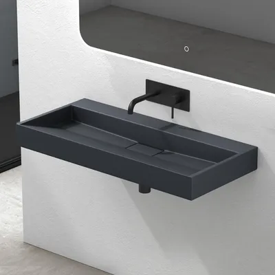 Produktbild von Mai&Mai Waschbecken 100cm, Anthrazit matt, Rechteckig, Aufsatz- & Hänge-Waschtisch, inkl. Ablaufgarnitur, ohne Armaturenloch, Gussmarmor, Col19, DIN-Anschlüsse