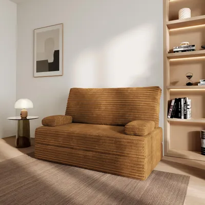 Produktbild von Masseno Schaumstoffsofa LADIA mit Schlaffunktion, Schlafsofa, Wohnzimmersofa, Couch, Sofa, Bettsofa, Kordstoff – Orange TILIA 56