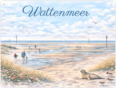 Produktbild von Wattenmeer Möwen Küstenszenario Metallschild XXL in 28x38 cm
