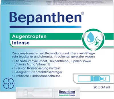 Zdjęcie produktu dla Bepanthen Krople do oczu Intense dla bardzo suchych, podrażnionych oczu, 20 szt. pipety jednodawkowe