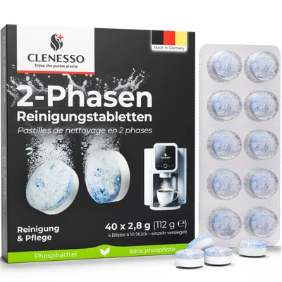 A box of Clenesso 2-Phase cleaning tablets for coffee machines, with a blister pack of tablets shown next to it.