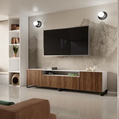 Produktbild von Moderner TV-Schrank MIA 200 cm mit geriffelten Fronten, Farbe: Weiß / Eiche Catania