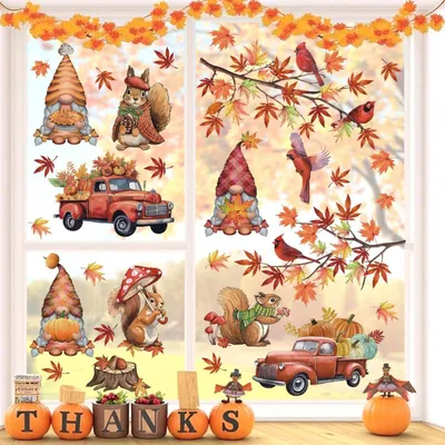 Image de Autocollants pour fenêtres sur le thème de l'automne, décorations en forme de citrouille, double face, lot de 2
