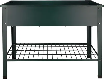 A dark green metal raised garden bed with a storage shelf underneath, shown against a white background.