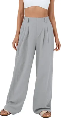 Produktbild von ASKSA Damen Weite Bein Hose Hohe Taille Laessig Sommerhose Einfarbig Freizeithose mit Taschen, Grau, Groesse: XXL