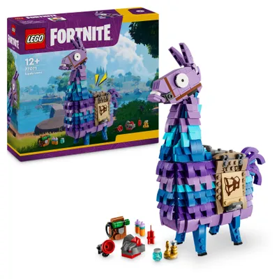 Produktbild von LEGO 77071 Fortnite Vorratslama Abenteuer Spielset für Gamer ab 12 Jahren; 24x8x16 cm (HxBxT); Mit beweglichem Kopf, aufklappbarem Maul, Sattel und umfangreichem Zubehör (Greifer, Schlürfsaft, roher Rubin, Rucksack, Glücksanhänger, Schubsaft, Dynamit); Interaktives Bauerlebnis via LEGO Builder App.