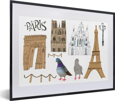 Produktbild von MuchoWow® MuchoWow® Gerahmtes Poster Paris - Zeichnung - Tauben 40x30 cm - Poster mit zchwarzem Bilderrahmen - Bilderrahmen - Poster im Rahmen
