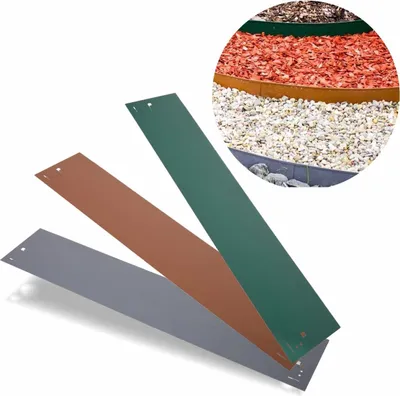 Three metal edging strips in different colors are laid out diagonally on a white background. A circular inset image shows a garden bed with different layers of mulch and gravel, bordered by edging.